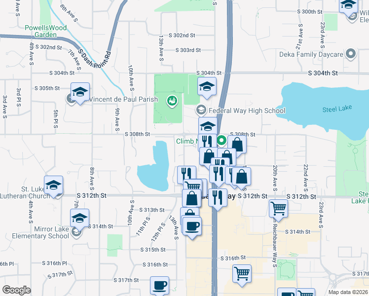map of restaurants, bars, coffee shops, grocery stores, and more near 30823 14th Avenue South in Federal Way
