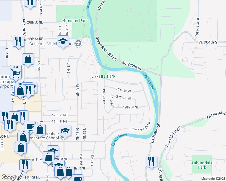 map of restaurants, bars, coffee shops, grocery stores, and more near 1606 21st Street Northeast in Auburn