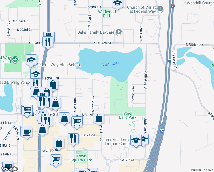 map of restaurants, bars, coffee shops, grocery stores, and more near 2245 South 308th Street in Federal Way