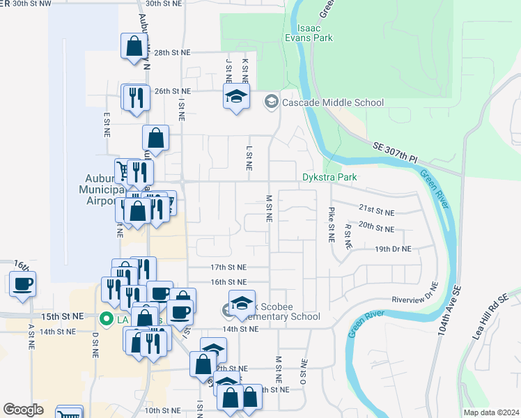 map of restaurants, bars, coffee shops, grocery stores, and more near 2019 M Street Northeast in Auburn
