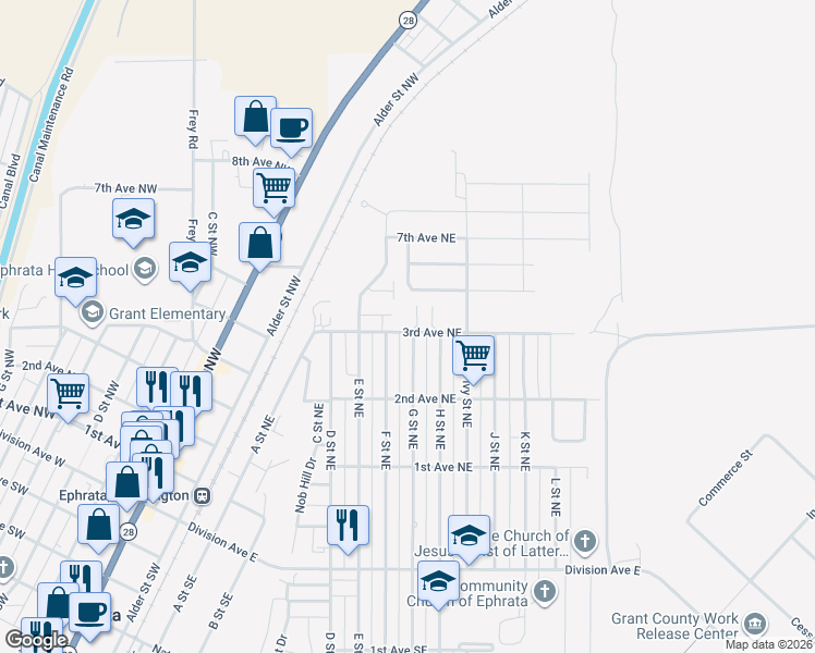 map of restaurants, bars, coffee shops, grocery stores, and more near 711 3rd Avenue Northeast in Ephrata