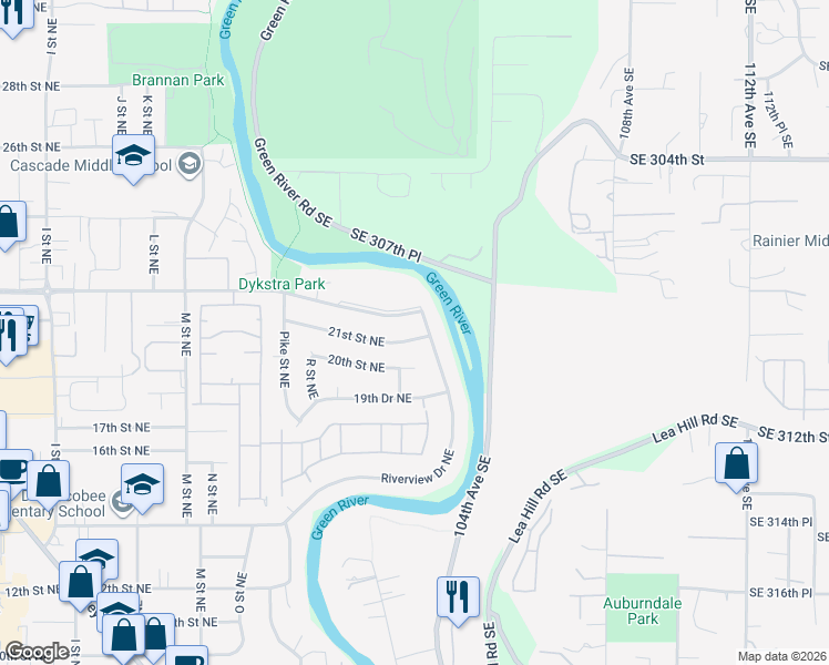 map of restaurants, bars, coffee shops, grocery stores, and more near 1910 21st Street Northeast in Auburn