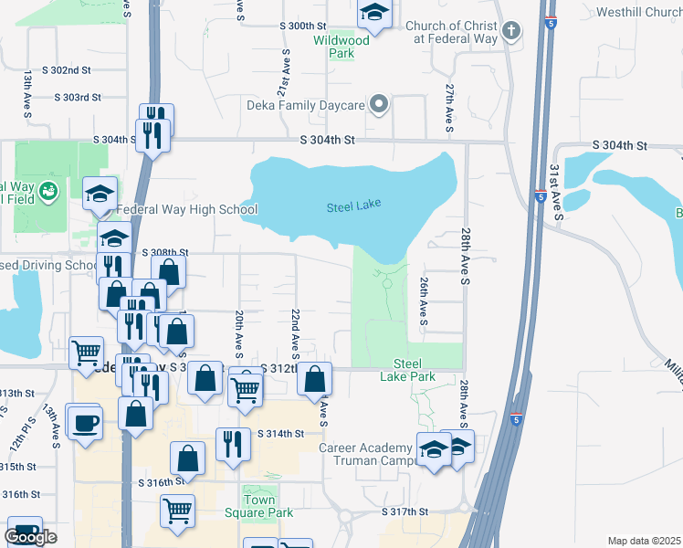 map of restaurants, bars, coffee shops, grocery stores, and more near 2245 South 308th Street in Federal Way