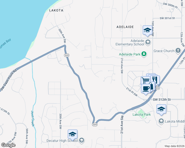 map of restaurants, bars, coffee shops, grocery stores, and more near 30807 26th Avenue South in Federal Way