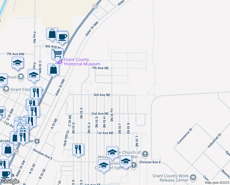 map of restaurants, bars, coffee shops, grocery stores, and more near 271 J Street Northeast in Ephrata
