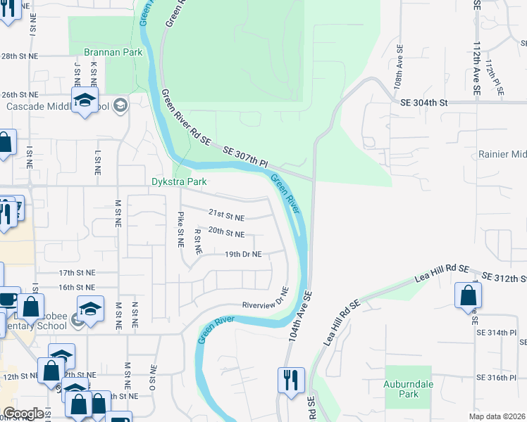 map of restaurants, bars, coffee shops, grocery stores, and more near 1910 21st Street Northeast in Auburn
