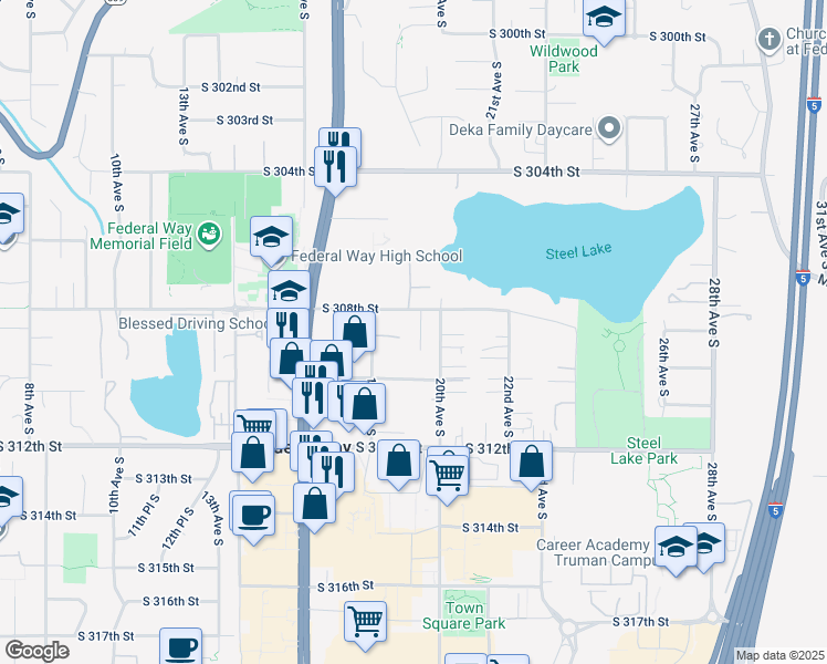 map of restaurants, bars, coffee shops, grocery stores, and more near 30831 20th Avenue South in Federal Way