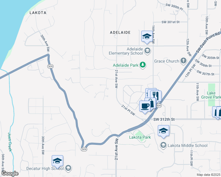map of restaurants, bars, coffee shops, grocery stores, and more near 2132 Southwest 309th Court in Federal Way