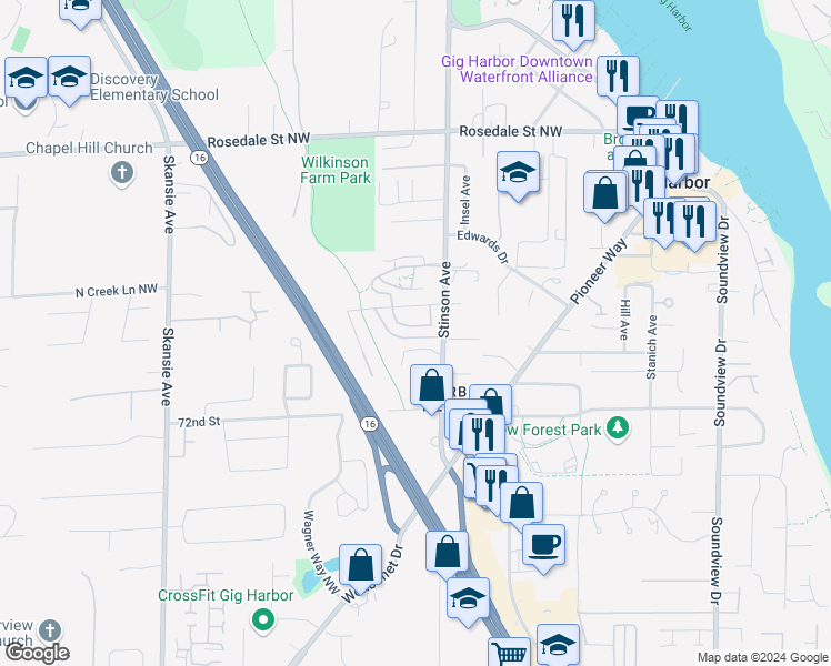 map of restaurants, bars, coffee shops, grocery stores, and more near 7400 Stinson Avenue in Gig Harbor