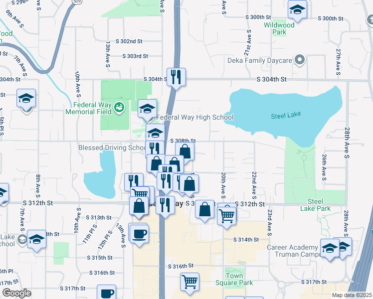 map of restaurants, bars, coffee shops, grocery stores, and more near 30823 18th Avenue South in Federal Way