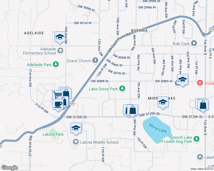 map of restaurants, bars, coffee shops, grocery stores, and more near 30900 11th Avenue Southwest in Federal Way