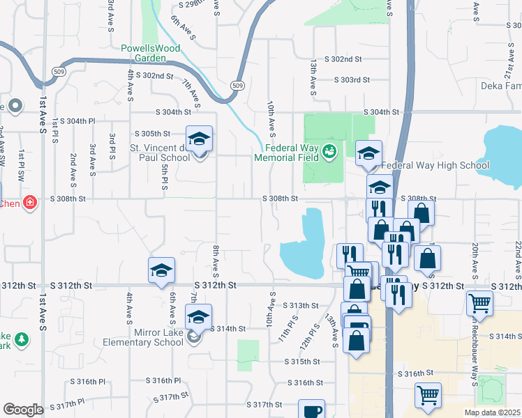 map of restaurants, bars, coffee shops, grocery stores, and more near 30822 9th Place South in Federal Way