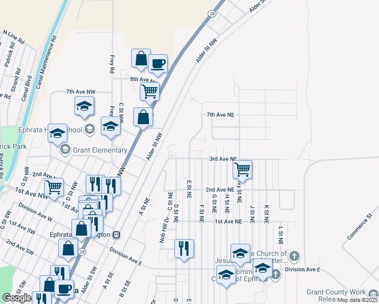 map of restaurants, bars, coffee shops, grocery stores, and more near 255 F Street Northeast in Ephrata