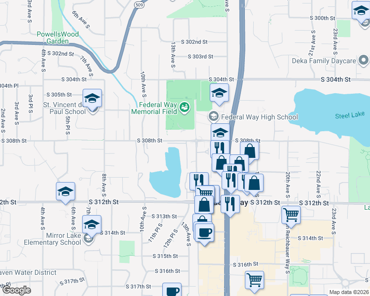 map of restaurants, bars, coffee shops, grocery stores, and more near 1227 South 308th Street in Federal Way