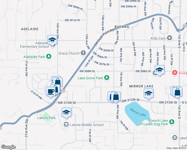 map of restaurants, bars, coffee shops, grocery stores, and more near 30900 11th Avenue Southwest in Federal Way