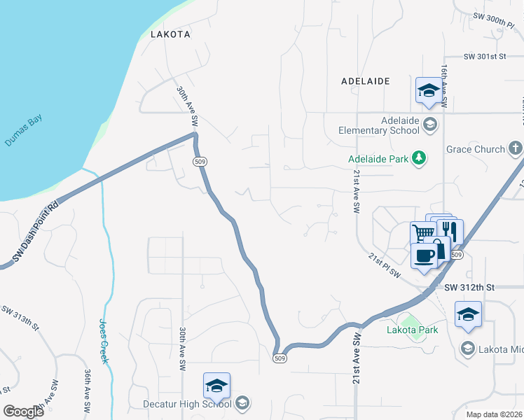 map of restaurants, bars, coffee shops, grocery stores, and more near 30807 26th Avenue South in Federal Way