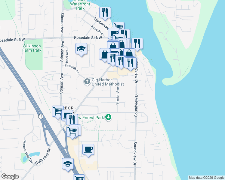map of restaurants, bars, coffee shops, grocery stores, and more near 7409 Hill Avenue in Gig Harbor