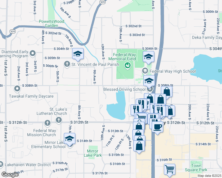 map of restaurants, bars, coffee shops, grocery stores, and more near 1045 South 308th Street in Federal Way