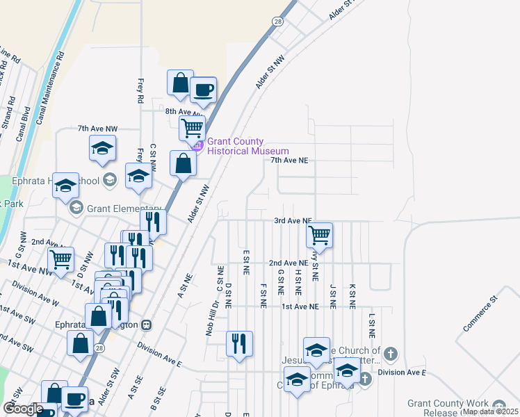 map of restaurants, bars, coffee shops, grocery stores, and more near 255 F Street Northeast in Ephrata