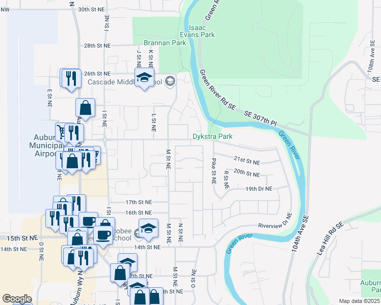 map of restaurants, bars, coffee shops, grocery stores, and more near 1402 22nd Street Northeast in Auburn