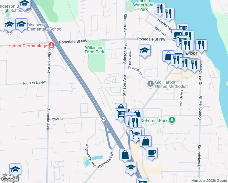 map of restaurants, bars, coffee shops, grocery stores, and more near 7400 Stinson Avenue in Gig Harbor