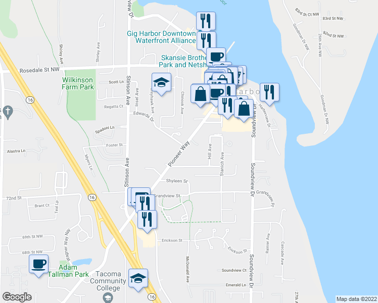 map of restaurants, bars, coffee shops, grocery stores, and more near 7508 Pioneer Way in Gig Harbor