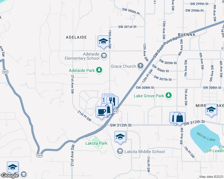map of restaurants, bars, coffee shops, grocery stores, and more near 1435 Southwest 307th Street in Federal Way