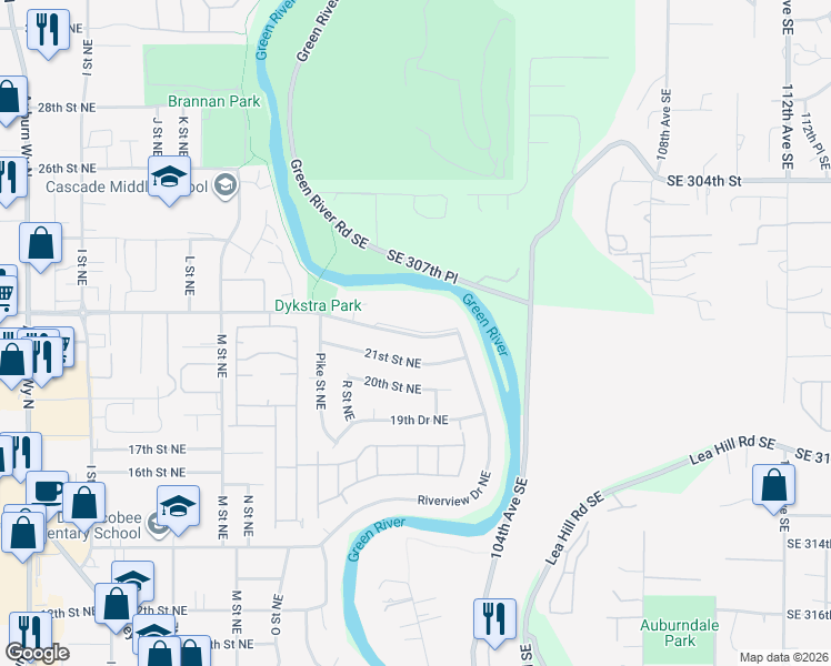map of restaurants, bars, coffee shops, grocery stores, and more near 1803 22nd Street Northeast in Auburn