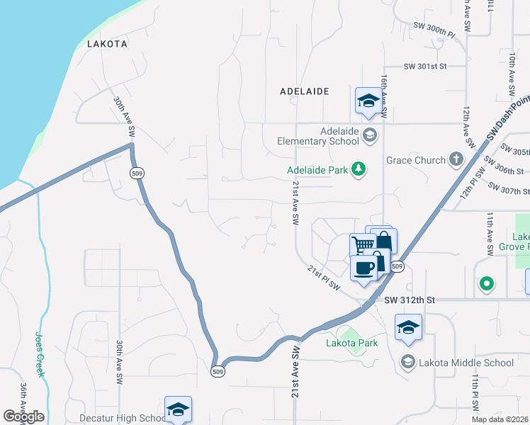 map of restaurants, bars, coffee shops, grocery stores, and more near 2204 Southwest 308th Street in Federal Way