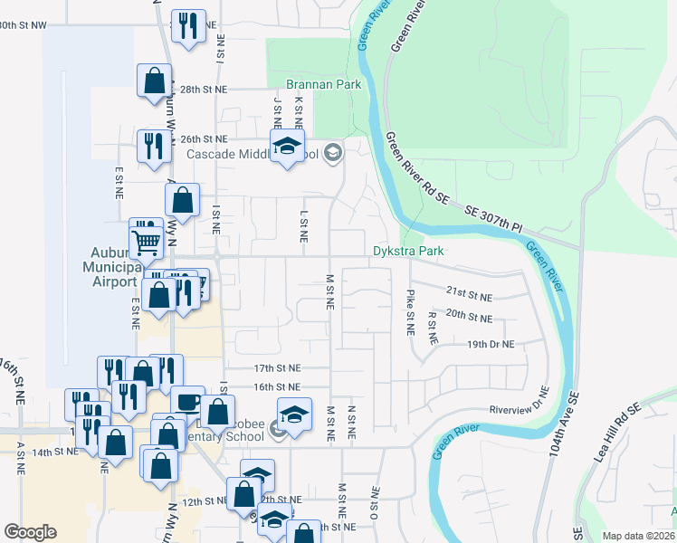 map of restaurants, bars, coffee shops, grocery stores, and more near 1402 22nd Street Northeast in Auburn