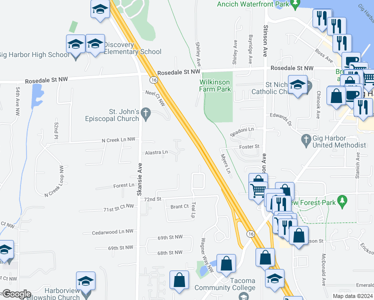 map of restaurants, bars, coffee shops, grocery stores, and more near 4302 Lupine Court in Gig Harbor