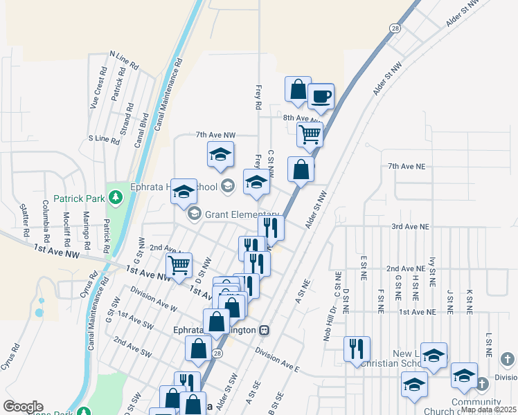 map of restaurants, bars, coffee shops, grocery stores, and more near 501 C Street Northwest in Ephrata