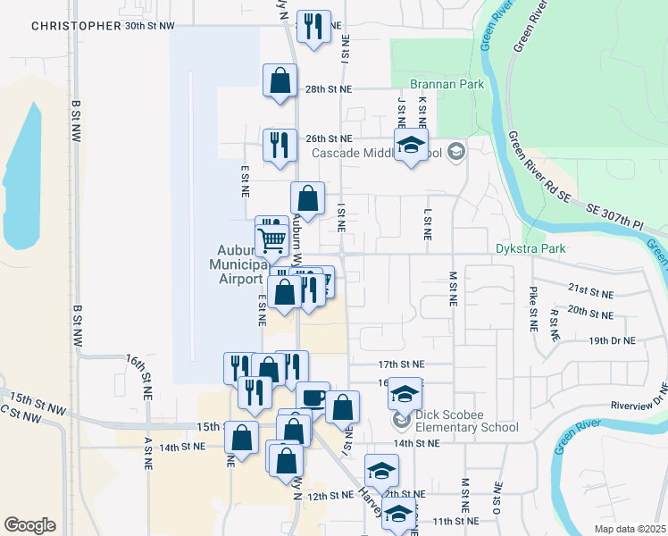map of restaurants, bars, coffee shops, grocery stores, and more near 2201 I Street Northeast in Auburn