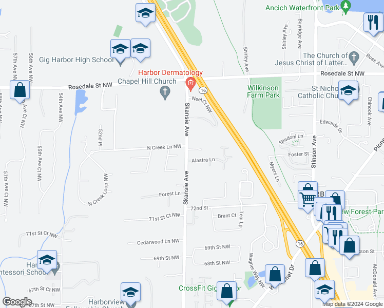 map of restaurants, bars, coffee shops, grocery stores, and more near 7507 Skansie Avenue in Gig Harbor