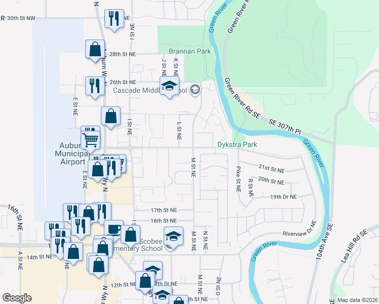 map of restaurants, bars, coffee shops, grocery stores, and more near 1203a 22nd Street Northeast in Auburn