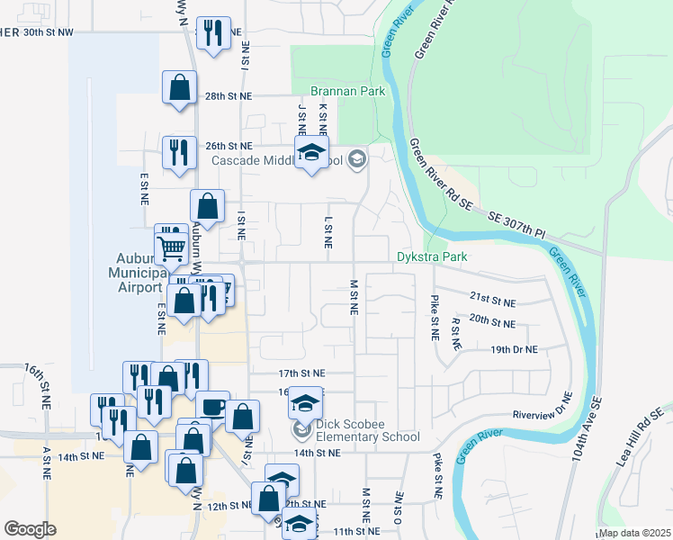 map of restaurants, bars, coffee shops, grocery stores, and more near 2209 L Street Northeast in Auburn