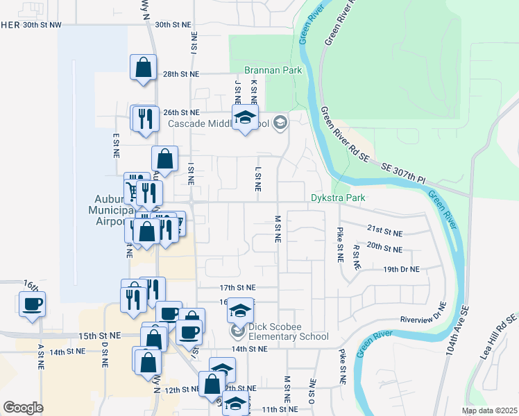 map of restaurants, bars, coffee shops, grocery stores, and more near 2209 L Street Northeast in Auburn