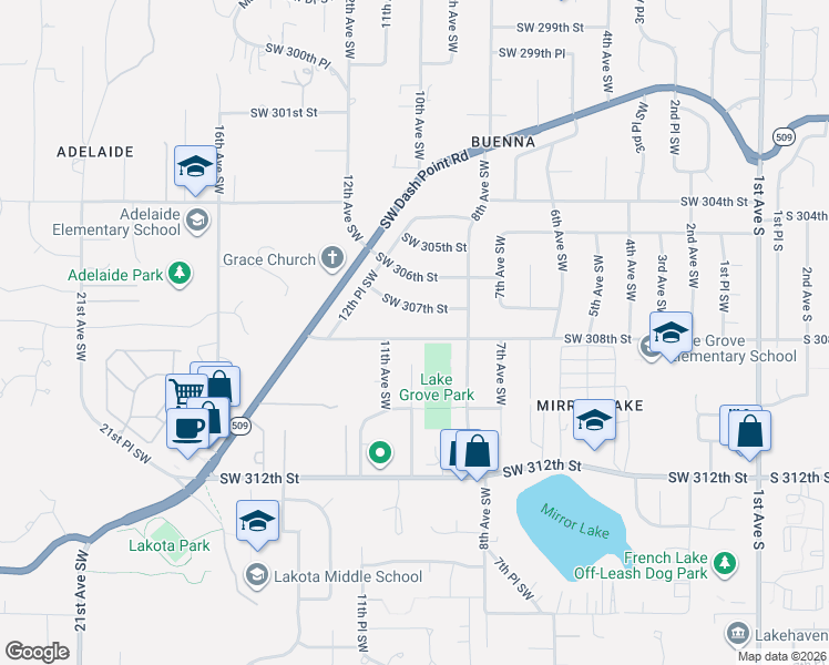 map of restaurants, bars, coffee shops, grocery stores, and more near 841 Southwest 307th Street in Federal Way