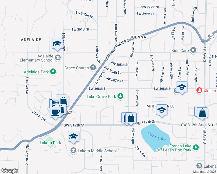map of restaurants, bars, coffee shops, grocery stores, and more near 1020 Southwest 308th Street in Federal Way