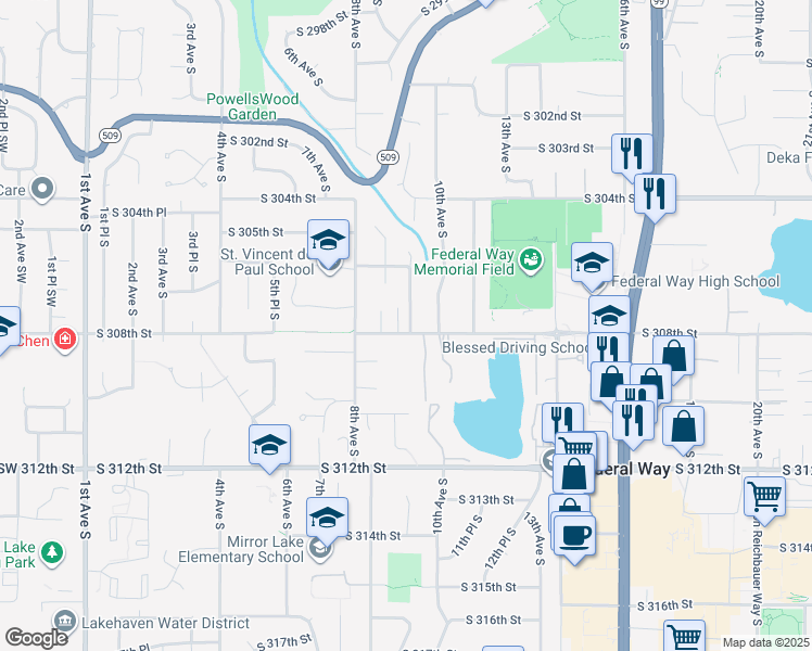 map of restaurants, bars, coffee shops, grocery stores, and more near 822 South 308th Street in Federal Way