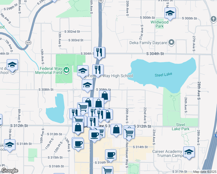 map of restaurants, bars, coffee shops, grocery stores, and more near 1650 South 308th Street in Federal Way