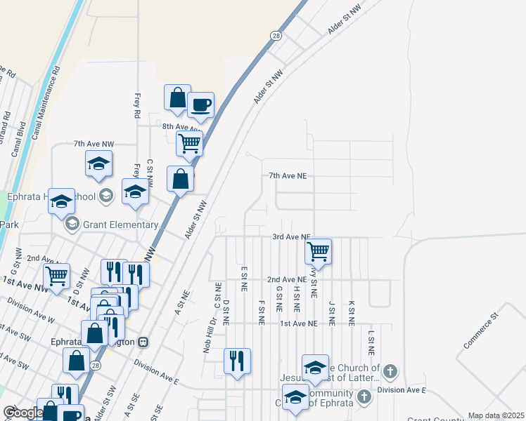 map of restaurants, bars, coffee shops, grocery stores, and more near 340 E Street Northeast in Ephrata