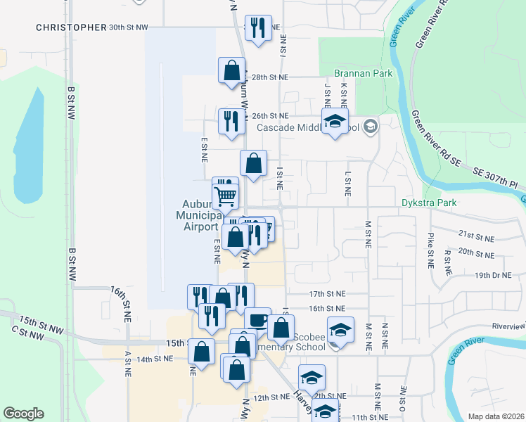 map of restaurants, bars, coffee shops, grocery stores, and more near 2201 I Street Northeast in Auburn
