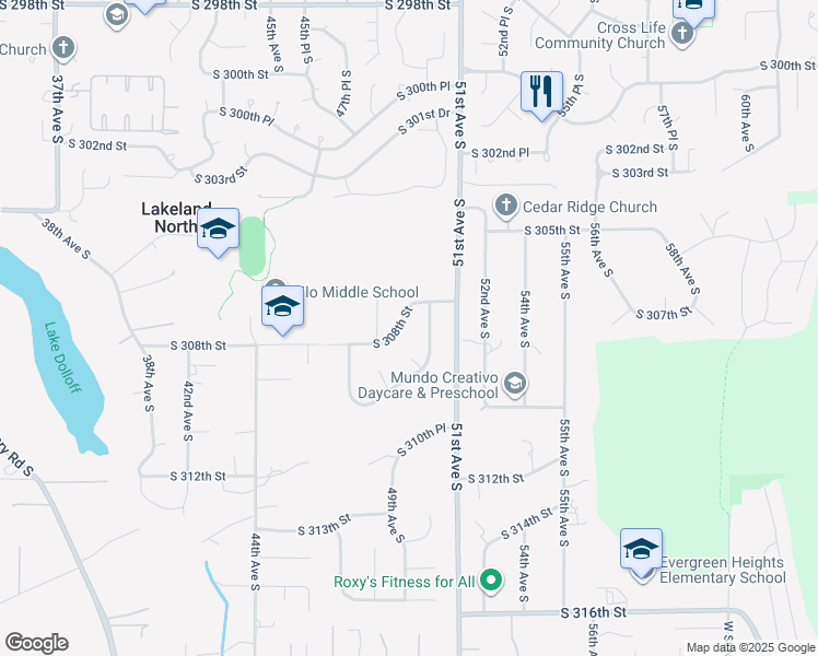 map of restaurants, bars, coffee shops, grocery stores, and more near 30811 50th Avenue South in Auburn