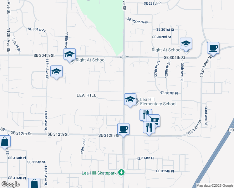 map of restaurants, bars, coffee shops, grocery stores, and more near 12339 Southeast 307th Place in Auburn