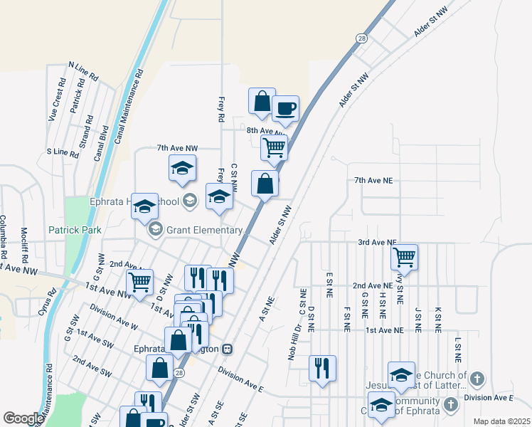 map of restaurants, bars, coffee shops, grocery stores, and more near 604 Basin Street Northwest in Ephrata
