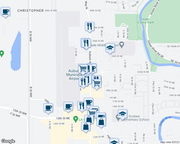map of restaurants, bars, coffee shops, grocery stores, and more near Auburn Way North & 22nd Street Northeast in Auburn