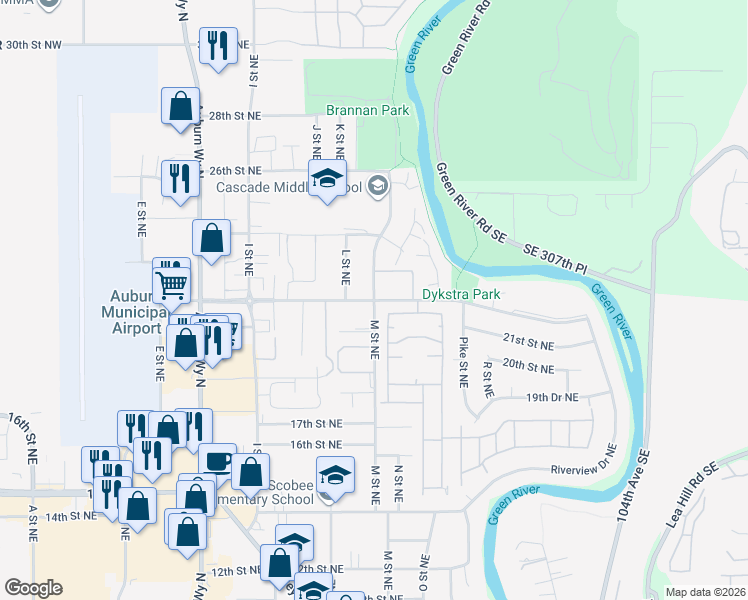 map of restaurants, bars, coffee shops, grocery stores, and more near 2099 M Street Northeast in Auburn