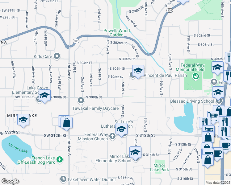 map of restaurants, bars, coffee shops, grocery stores, and more near 30650 4th Place South in Federal Way