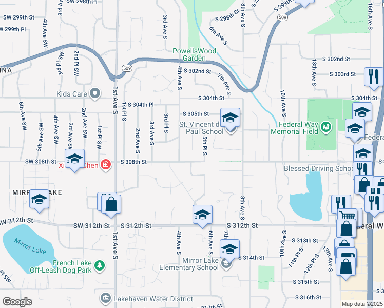 map of restaurants, bars, coffee shops, grocery stores, and more near 30650 4th Place South in Federal Way